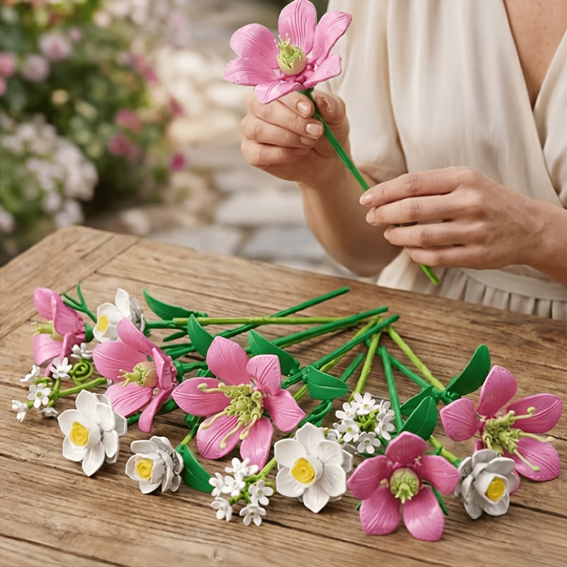 Pink Lily and Daffodil Building Block Bouquet Set, Home Decor